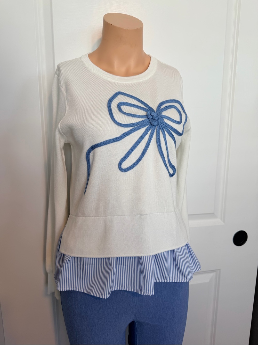Nanette Lepore White Sweater with Blue Bow Accent